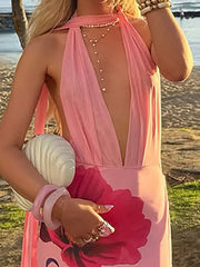 Cyflymder Summer Floral Print Beach Party Dress Women's Sexy Halter Backless Hollow Out Vacation Dress Elegant Hight Waist Slim Long Dress