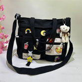 Cyflymder Waterproof Oxford Cloth Handbag Fashion Splicing Crossbody Bag with Badge Pendant Women Shoulder Bag Student School Bags Satchel