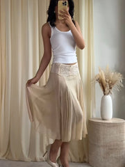 Cyflymder Sheer Mesh Lace Trim Midi Skirt Slim Fit Flared Silhouette Summer Elegant Women Casual Skirt Retro Chic Lady Daily Bottom