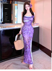 Cyflymder Dresses Women Lace Patchwork Mesh Sleeveless Vintage Sexy Slim Floral Printed Temperament Elegant Dress Party Female