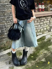 Cyflymder Women's Summer Vintage Fringed Denim Cropped Pants Cool Girl Male Wide Leg Knee Length Shorts Fashion Denim Trouser Pants