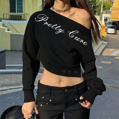 Cyflymder Fashion Contrasting Irregular Diagonal Collar Full-sleeved Off Shoulder Letter Print Casual Loose Pullover Tops Hottie Wear