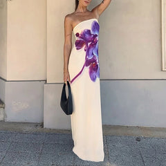 Cyflymder Spring Fashion Flower Print Women Long Dress Sexy Strapless Backless Hollow Evening Dress Summer Off Shoulder Holiday Maxi Dress