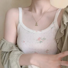 Cyflymder Cotton Crop Top Women Summer Camis Floral Knitted Camis Hollow Out Cute Tops Sweet Girl Lolita Style Aesthetic Kawaii Clothes