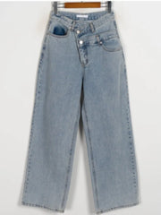 Cyflymder High Waist Asymmetric Two Button Vintage Straight Leg Wide Leg Casual Jeans Women's Chic Spring New Sle Casual Loose Fit