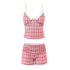 Cyflymder 2 pieces 1 set 2025 Sexy Mesh Plaid Contrast Color Elastic Strap Camisole Tank top + Ruched Low Waist Mini Shorts Skinny Suits