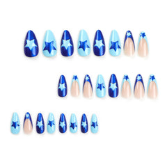 Cyflymder Fashion Cool Light Blue Stars Deep Blue Glitter Almond Shape Fake Nails Detachable Finished False Nails Press on Nails with Glue