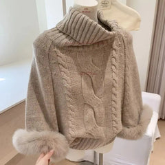Cyflymder Autumn Elegant Batwing Sleeve Sweater Women Turtleneck Knitted Pullovers Chic Tops Fashion Fur Patchwork Knitted Jumpers 630A