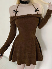Cyflymder Autumn Sweet Y2k Halter Slash Neck Long Sleeve Solid All Match Slim Short knitted Dresses