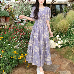 Cyflymder Broken Flowers French Style Dresses Summer Vintage A-Line Waist Women's Clothing O-Neck Printed Stylish Short Sleeve Long Dress
