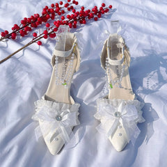 Cyflymder Women Summer Shoes Pointed Shoes White Bow Bridal Wedding Shoes Y2K Heels Lolita Cosplay Heels High Heels Elegant Party Shoes