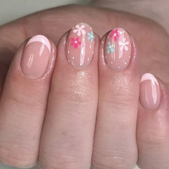 Cyflymder 24Pcs Pink Gradient Tulip Design Full Cover Nails Tips Art Short Round Head Fake Nails Reusable Artificial Press on False Nails