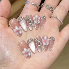 Cyflymder 10pcs Blush Nude Fake Nails Pink 3D Sculpture Flower Heart Rhinestone Leopard Cat‑Eye French Press on Nail Sweet Almond Nail Art