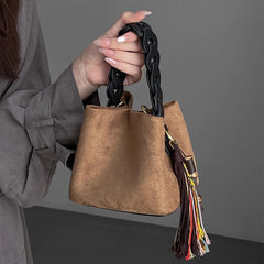 Cyflymder Solid Color Frosted Handmade Woven Handbags Autumn New Luxury Design Bucket Bag for Women Korean Fashion Texture Crossbody Bags