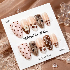 Cyflymder 24PCS Cute Cat Almond Press on False Nails Sweet Brown Polka Dots French Simple Flowers Pink Nail Tips Set Full Cover Fake Nails