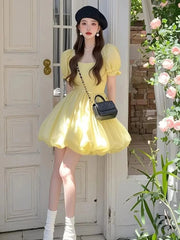 Cyflymder Woman Dress Square Collar Puff Short Sleeve Ruffles 2025 Summer Fashion Elegant Mini Dresses Sweet Female Casual