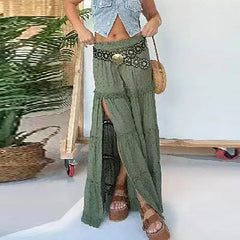 Cyflymder Spring Summer Vacation Half Skirts Sexy Lace Spliced Hollow Out Elastic Waist Long Skirts New Fashion Bohemian Beach Skirts