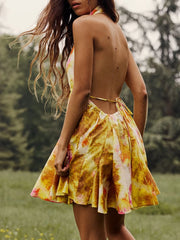 Cyflymder Women Mini Dress Sleeveless Halter Dress Backless Tie-dye Print Summer A-line Dress