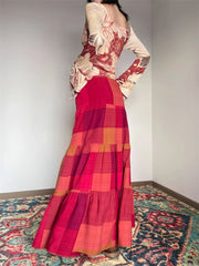 Cyflymder Women's Large Red Grid Splicing Splicing A-line Summer Thin Skirt Young Girl Vintage Female High Waist Loose Ankle-length Skirts