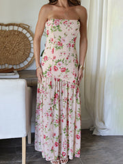 Cyflymder Women Off Shoulder Ruffle Dress Elegant Floral Print High Low Hem Maxi Dress for Wedding Party Prom Evening Gown Beach