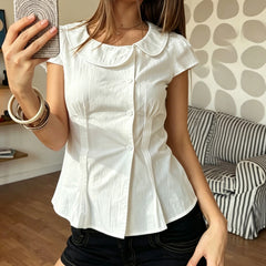 Cyflymder Korean Fashion Peter Pan Collar Folds White Blouse Y2K Aesthetics Girls Slimming Single Breasted Short Sleeve Shirts Summer Tops