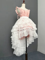 Cyflymder Gothic Lolita Underskirt High Low Ruffled Skirt Light Floral WeddingTrailing Lace Trailing JSK Cake Fluffy Mesh Cover Up Skirt