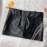 Cyflymder Women Fashion Grommet Belt PU Leather Wrap Hip Mini Skirts Pockets Low Waist Zipper Y2K Night Clubwear Bottoms Streetwear
