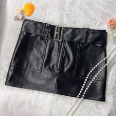 Cyflymder Women Fashion Grommet Belt PU Leather Wrap Hip Mini Skirts Pockets Low Waist Zipper Y2K Night Clubwear Bottoms Streetwear