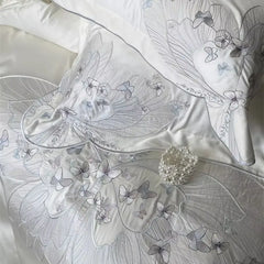 Cyflymder Luxury Butterfly Embroidery Bedding Set 1000TC Lyocell Cotton Soft Silky Duvet Cover Set Flat/Fitted Bed Sheet Pillowcases 4Pcs