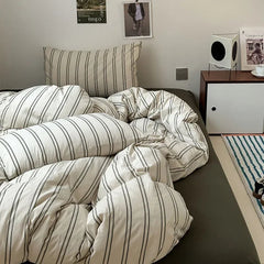 4Pcs Light Luxury Striped Washed Cotton Bedclothes Set Smooth Skin Friendly Soft Bed Sheet Set Home Textile Supplies for Adults