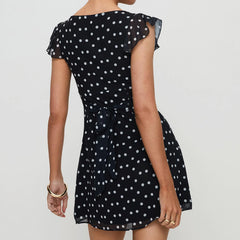 Cyflymder Luxury Women Casual Dot Print Short Dress Lace Slim V Neck Flying Sleeve A-line Mini Dress for Daily Party Club