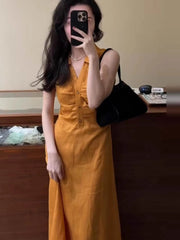 Cyflymder Korean Style Yellow Dress Women's Summer Sleeveless Shirt Dress Elegant Waist Slimming Maxi Outfit