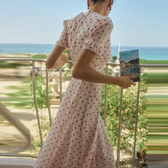 Cyflymder Casual Short Sleeve High Waist Swing Dress French Style Seaside Vacation Maxi Dress Fashion Polka Dot Print V-neck Evening Dress