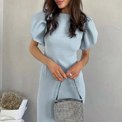 Cyflymder Women Elegnat Crew Neck Back Split Evening Dress Spring Solid Slim Bodycon Hips Dress Summer Puff Short Sleeve Knee Dresses