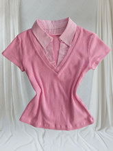 Cyflymder Stripes Faux twofer top Slim Y2K Women Shirts Fashion Coquette Vintage Tops Sweet Cute Aesthetic Classic Pink V-neck Clothing