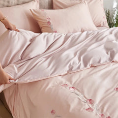 Cyflymder Long-staple Cotton Floral Blossom Embroidery Comfortable Ultra Soft (1Duvet Cover+1Flat Bedsheet/Fitted Bedsheet+ 2Pillowcases)