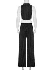 Cyflymder Elegant Fashion Striped Pants Sets Women 2025 Sexy Slim 2 Piece Sets V-Neck Sleeveless Crop Tops Mid-Waisted Suit Pants