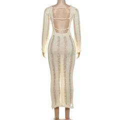 Cyflymder Autumn Hollow Out Backless Knit Maxi Dress Women Fashion Sexy O Neck Full Sleeve Bodycon Long Robe Holiday Beach Cover Ups