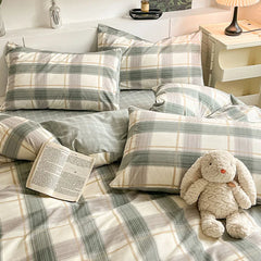 Cyflymder New Pure Cotton Bedding Set with Fitted Sheet Duvet Cover Pillowcase Simple Printed Grid Comfortable Bedclothes Single Double