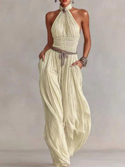 Cyflymder Bohemian Halter Hollow Vacation Jumpsuit Spring Solid Backless Pleated Women's Rompers Summer Sleeveless Wide Leg Pants Overalls