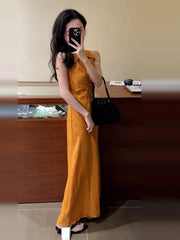 Cyflymder Korean Style Yellow Dress Women's Summer Sleeveless Shirt Dress Elegant Waist Slimming Maxi Outfit