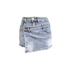 Cyflymder Women Front Single-breasted Patchwork Denim Skirt Back Ultra Short Shorts Half-body Dress Three Quarter Pants Casual Streetwear