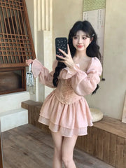 Cyflymder Autumn Fashion Slim Square Neck Dress Women Sweet Cute Puff Sleeve Short Dress Female Pretty Fairy Solid Bandage Ruffle Dresses