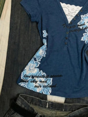 Cyflymder Retro T-shirt Woman Clothing Y2k Letter Print Goth Punk V-Neck Aesthetic Harajuku 2000s Lace fake 2Piece High Street Grunge Tees
