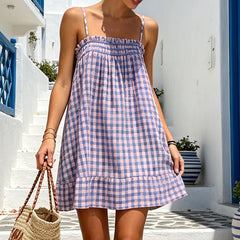 Cyflymder Women Gingham Plaid Mini Dress Smocked Ruffle Loose Flowy Sundress Coquette Summer Beach Vacation Casual Shift Dress