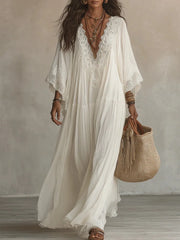Cyflymder Beach Style Long Dress for Women White V-Neck Batwing Sleeve Lace Splice Elegant Loose Dress Summer Fashion Vacation Dresses