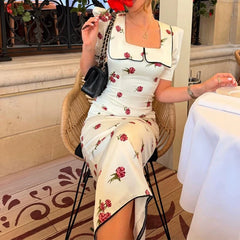 Cyflymder Fashion Floral Print Vacation Party Dress Women Casual Hight Waist Slim Long Dress Elegant Square Collar Short Sleeve Bohe Dress