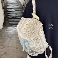Cyflymder Korean Lace Patchwork Sweet Bow Backpack Women Students Chic Flower Print Bow Schoolbags Y2k Aesthetic Girls All Match Backpacks