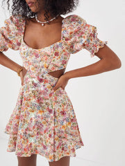 Cyflymder Women s Summer Floral Print Dress Short Puff Square Neck Cutout Waist Mini A-Line Dress
