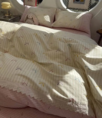 Cyflymder Romantic sweet fairyfair lace bow plaid stripe pink bed set,full queen lovely cotton home textile sheet pillow case quilt cover